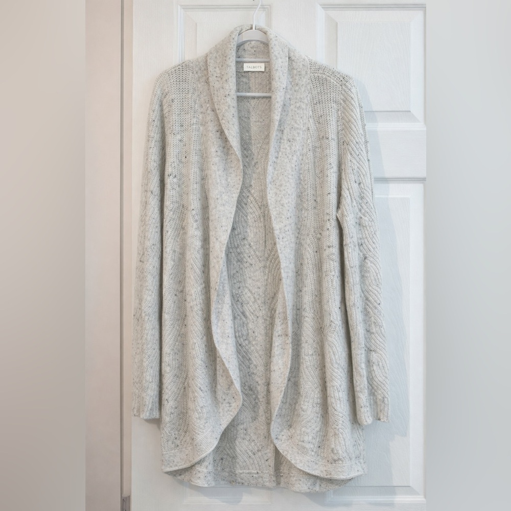Talbots Speckled Knit Sweater Jacket Shawl Collar Open Front Gray Size M